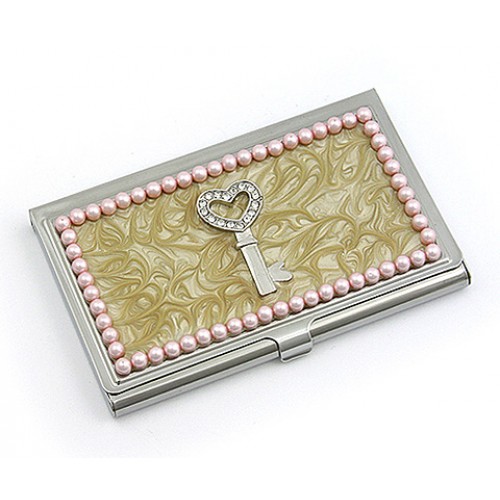Business Card Holder - Enamel Accented w/ Pearl - Pink - CH-GCH1291PN 